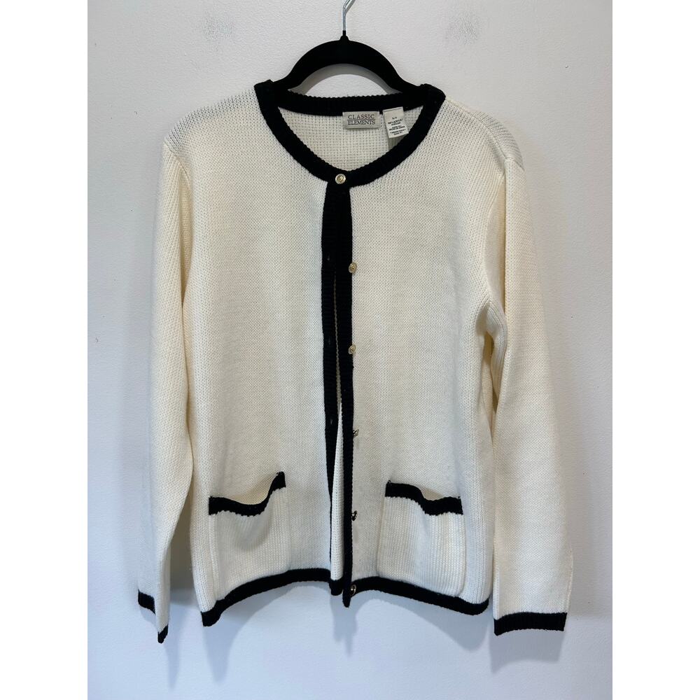 Classic Elements vintage cardigan size S white black trim gold buttons capsule